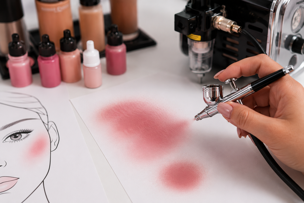 A hand holding an airbrush pen applies a pink makeup swatch onto a white sheet of paper, with a line drawing of a face nearby and cosmetic bottles and an airbrush machine in the background.