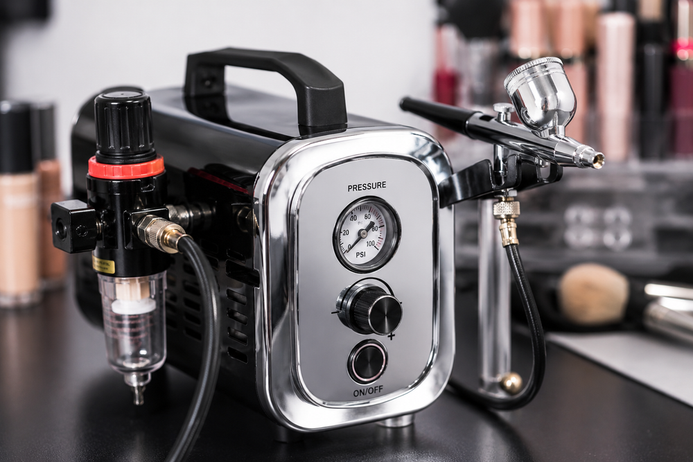 A black and chrome air compressor with an attached airbrush gun and clear filter, shown on a dark tabletop with blurred makeup items in the background.