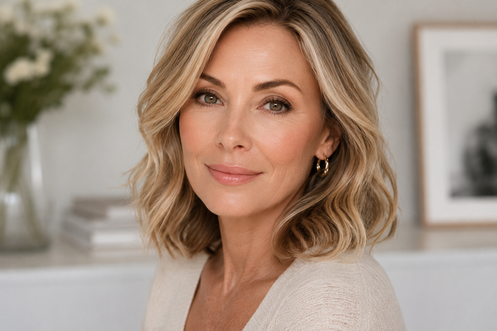 A close-up portrait of a woman with shoulder-length blonde wavy hair, wearing a light beige knit top and a small gold hoop earring, set against a softly blurred indoor background.