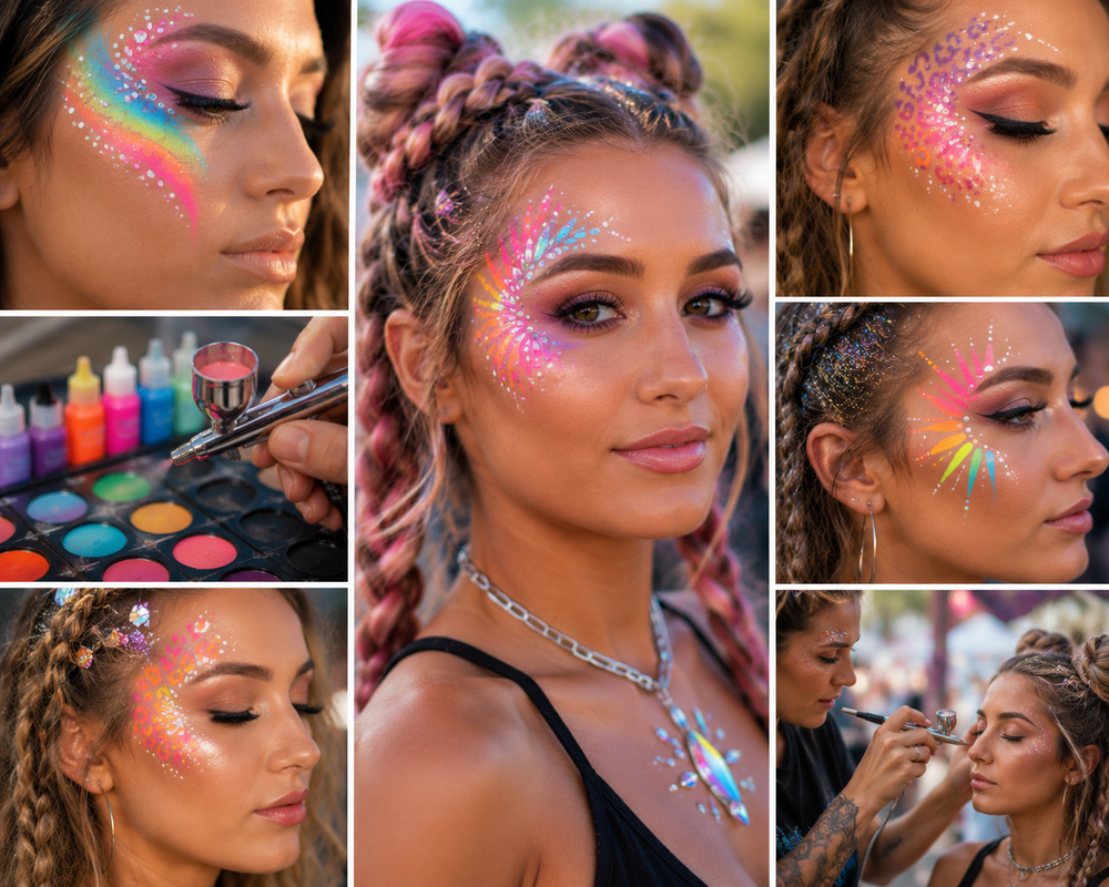 A collage showing a woman with colorful rainbow and star face paint, close-ups of makeup application, glitter eyeshadow, and face paint supplies.