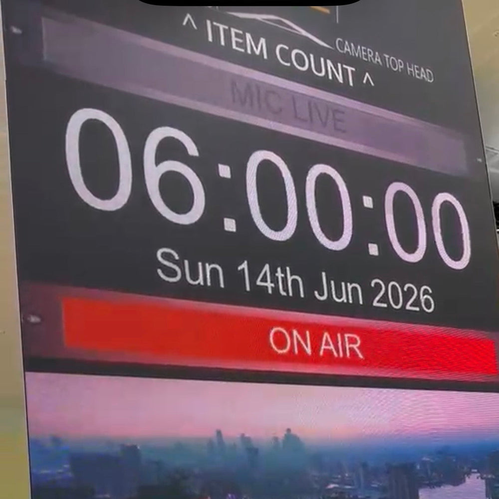 "Broadcast studio on-air countdown screen displaying 06:00:00, Sunday 14th June 2026, with 'On Air' indicator lit in red