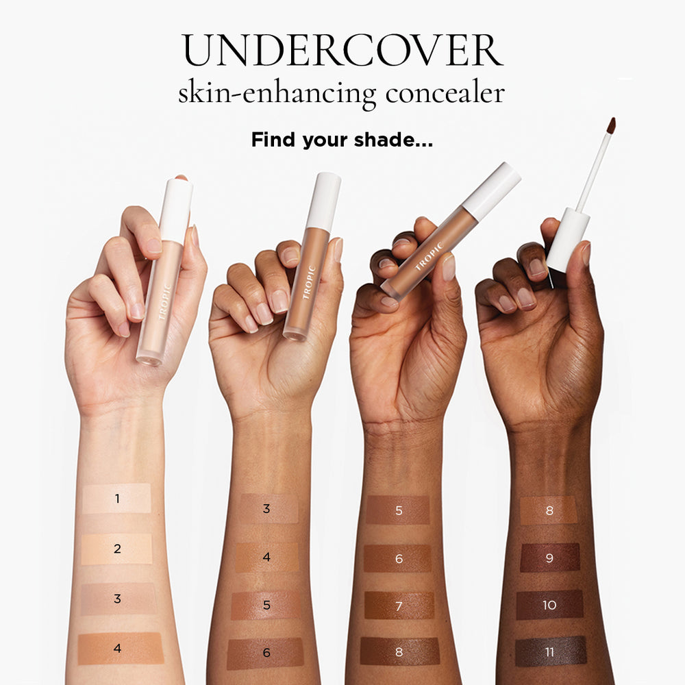 Four arms of different coloured skin depicting differnent shades of makeup