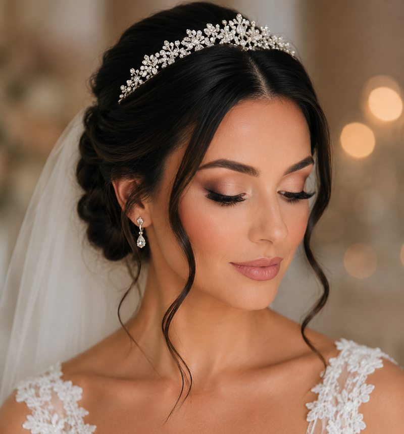 A close-up of a woman wearing a sparkling floral bridal tiara with matching drop earrings, a white wedding veil, and a lace wedding dress against a softly blurred warm background.