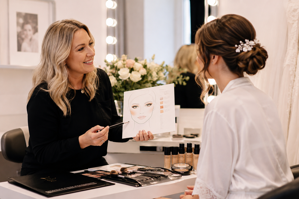 A makeup artist in a black top shows a client with styled brown hair and a white blouse how to apply makeup, holding a face drawing guide with color swatches in a bright, modern beauty studio.