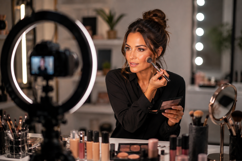 Pretty woman sat doing her makeup getting ready to create content. Ring light and makeup looking into the camera.