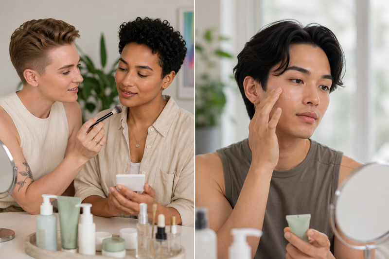 A split-screen lifestyle scene showing two people in a bright bathroom or vanity area. On the left, one person applies makeup to the other's face while they look at a compact mirror.