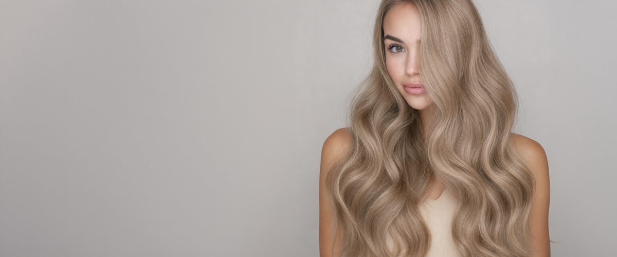 Beautiful woman with long flowing hair looking directly at camera wearing modern neutral top.
