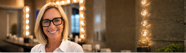 Woman wearing glasses in a  makeup room with vanity mirrors and lights.