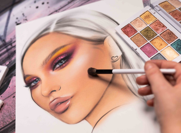 Image of a makeup traning card and makeup brush blending makeup