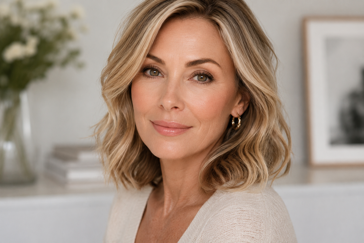 A close-up portrait of a woman with shoulder-length blonde wavy hair, wearing a light beige knit top and a small gold hoop earring, set against a softly blurred indoor background.