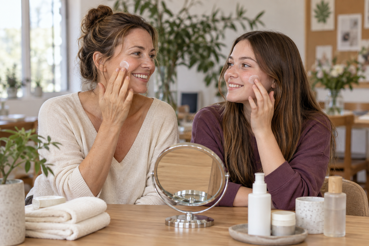 “Mother and teenager enjoying a guided skincare activity together.