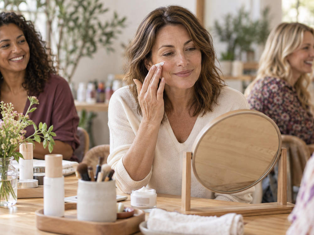 A woman in a cream sweater applies skincare cream to her face while looking into a round wooden mirror at a wooden table. Other women are visible in the softly blurred background of a bright, modern room with plants and skincare products.
