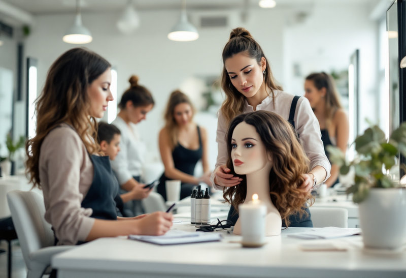 Woman working with a mannequin head in a salon setting with other people in the background.
