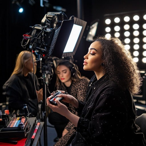 A woman with curly hair in a black sparkly top stands in a studio setting, holding a small rectangular item, with a camera, softbox light, and other crew members visible in the background.